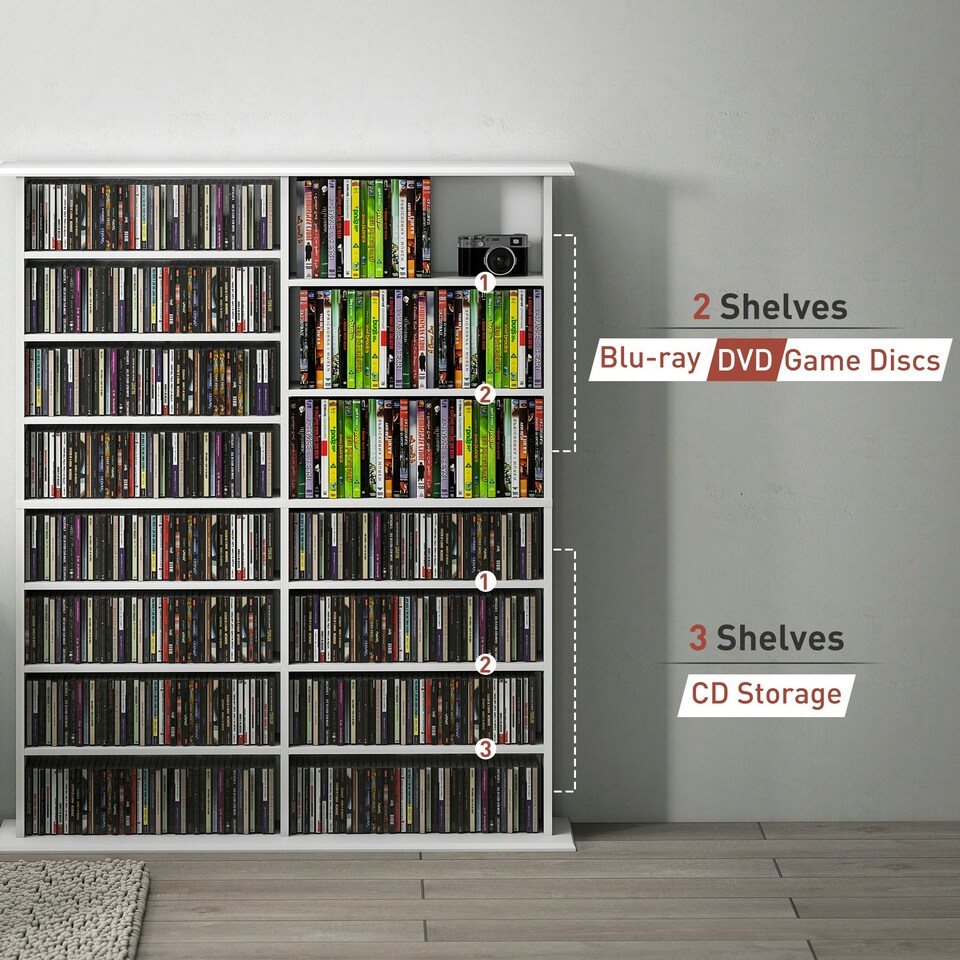 image 1 of HOMCOM CD Storage Unit DVD Tower Blu-ray Storage Shelf for Office, White White | 106.5W x 24D x 126.3H cm