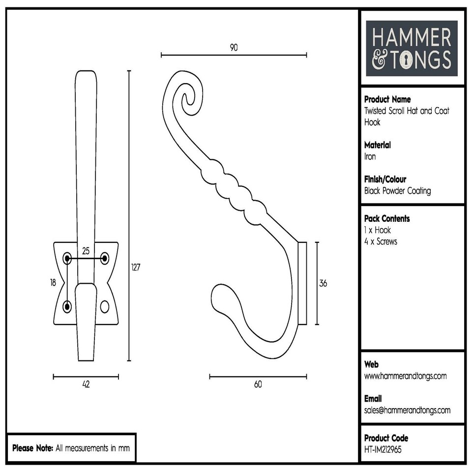 image 1 of Hammer & Tongs Twisted Scroll Hat & Coat Hook - W40mm x H125mm - Black