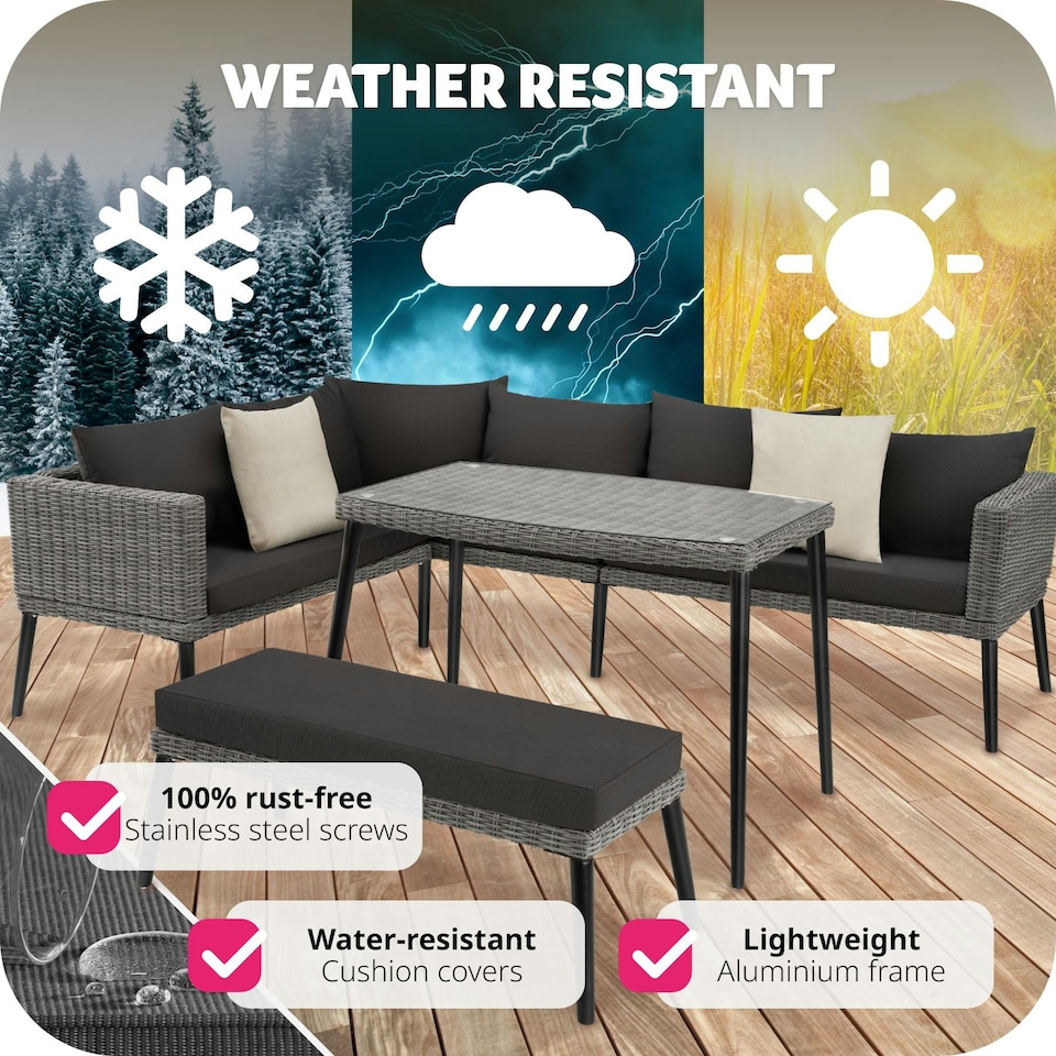 image 1 of Garden Furniture Set Pula - outdoor sofa set with table, seating bench, thick seat cushions - Grey