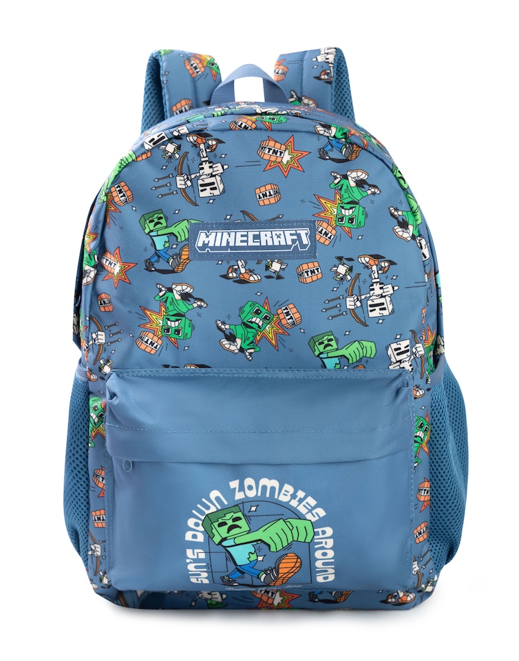 image 1 of Minecraft Zombie Backpack | Blue Zip-up Bag for Unisex Kids | Carry Books Back to School | Creeper & Zombie Design | Gaming Themed Merchandise | Minecraft Merch | Blue | Blue