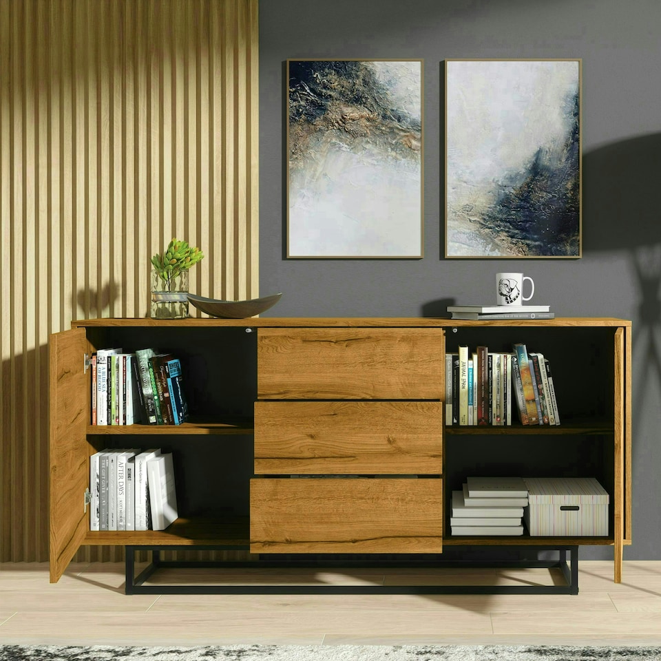 image 1 of Sideboard 140cm Oak Finish with Matching Fronts and Black Frame Multi
