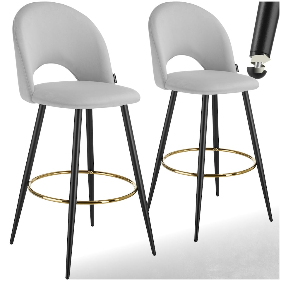 image 1 of Bar Stool Rachel with backrest and velvet look cover, 49 x 58 x 110 cm - Set of 2 Grey | Light Grey/Black