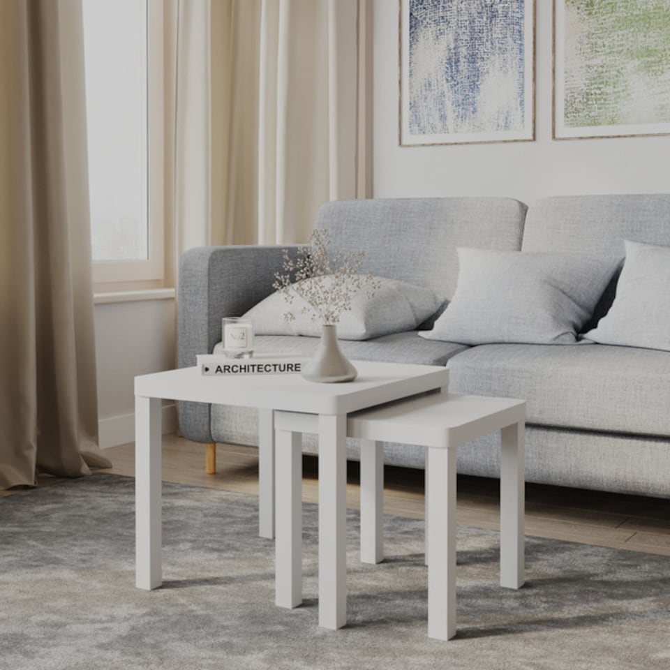 image 1 of URBNLIVING Square Wooden Nesting Stacking Tables Set Of 2 | Multi | White | 2
