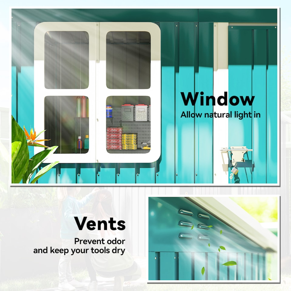 image 1 of Outsunny 7 x 4ft Storage Shed Galvanised Steel Garden Shed, Metal Shed with Foundation Kit, Window, Lockable Wide Door and Air Vents for Outdoor Patio, Green | Green | 1