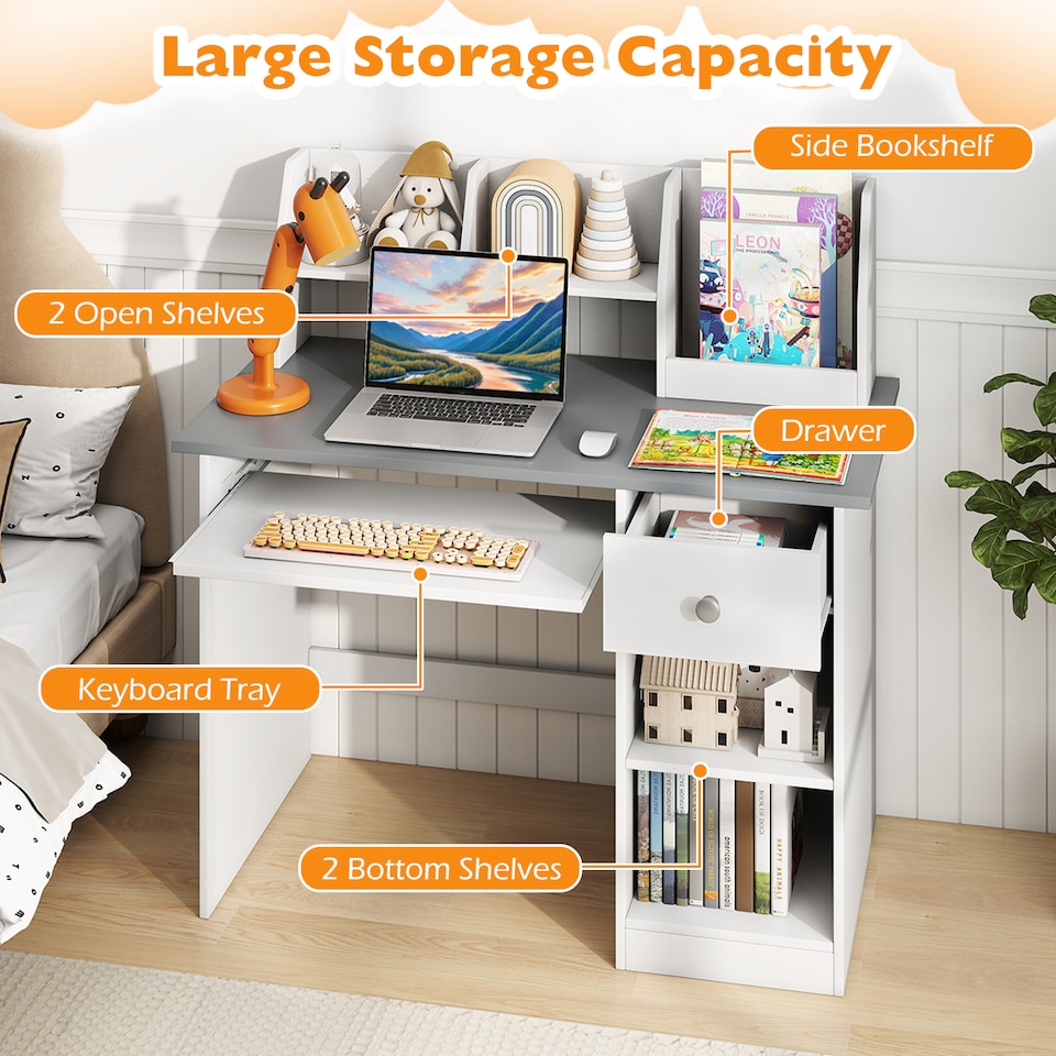 image 1 of COSTWAY Kids Study Desk Wooden Writing Table with Keyboard Tray & Drawer-Grey