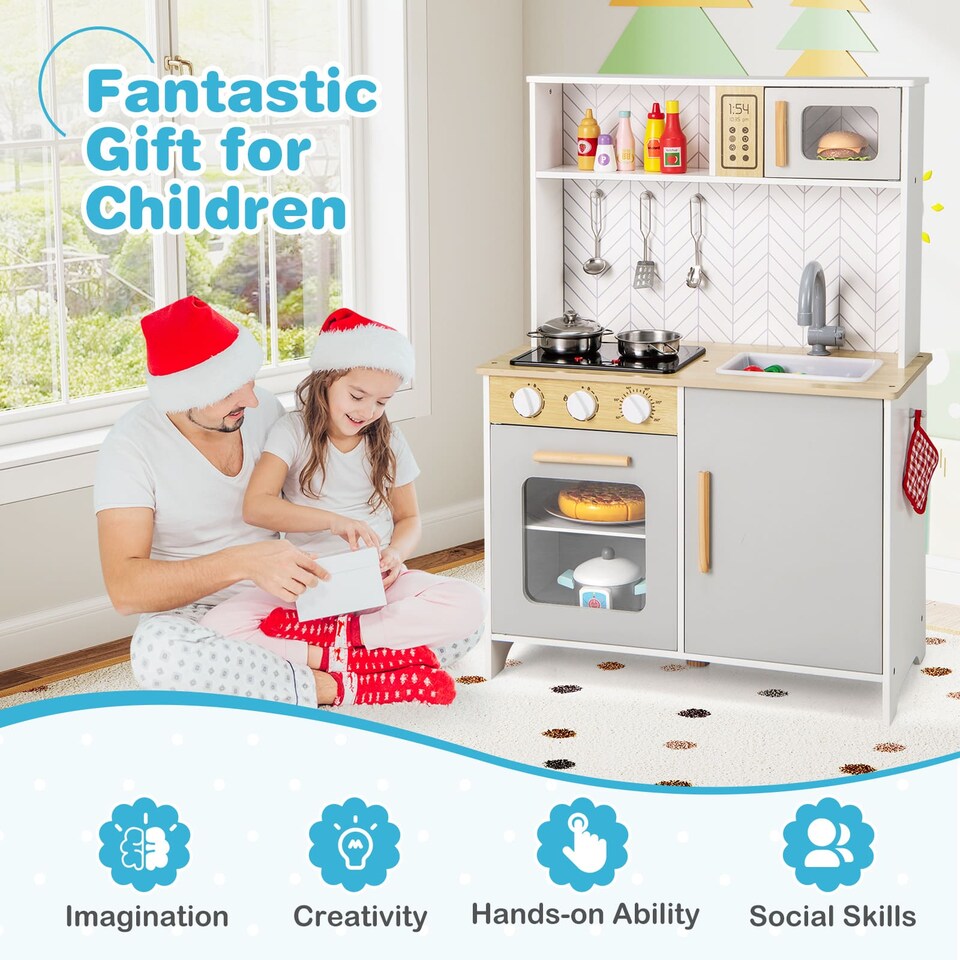 image 1 of COSTWAY Kids Kitchen Playset Pretend Play Kitchen Set with Sounds-White