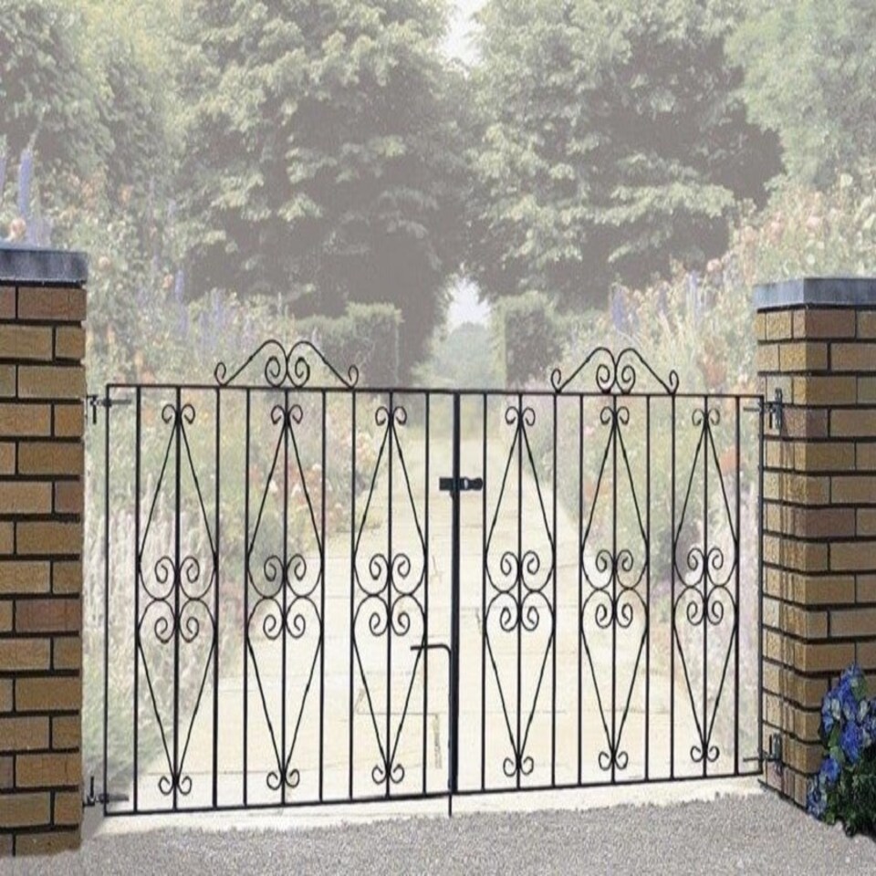 Stirling Scroll Double Driveway Gate - Solid Steel - Fits Gap of 2438 mm x 914 mm High - Electro Galvanised/Black Powder Coated Black