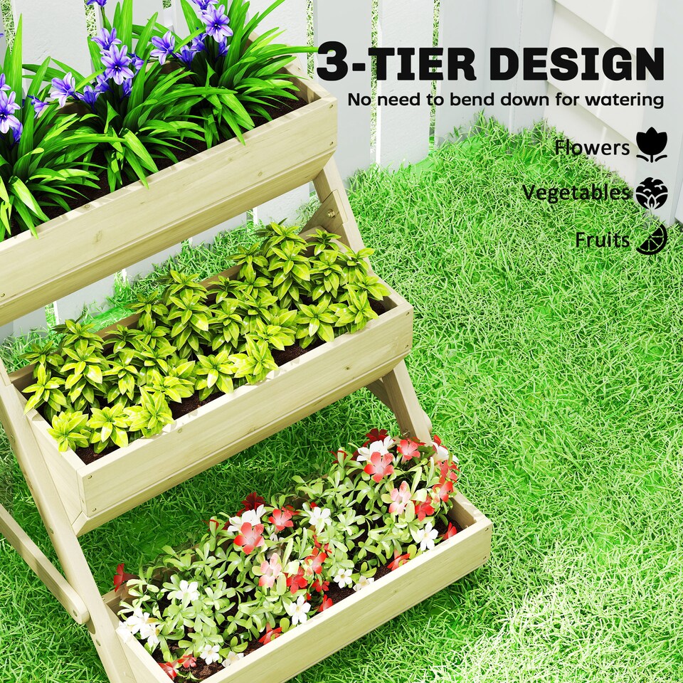 image 1 of Outsunny 3 Tier 66L Raised Garden Bed Wooden Elevated Planter Box Kit for Flower, Vegetable, Herb, 65 x 75 x 76cm, Green