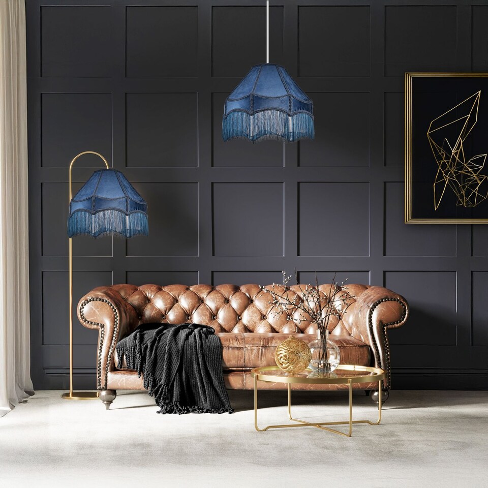 image 1 of Traditional Victorian Empire 40cm Lamp Shade in Navy Midnight Blue with Tassels | Blue | Midnight Blue | 1