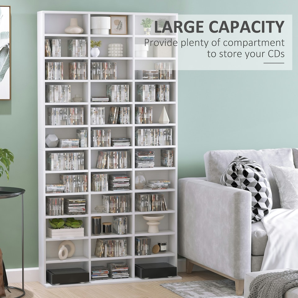 image 1 of HOMCOM CD DVD Media Storage Shelves Display Shelf Racks Wooden Frame White