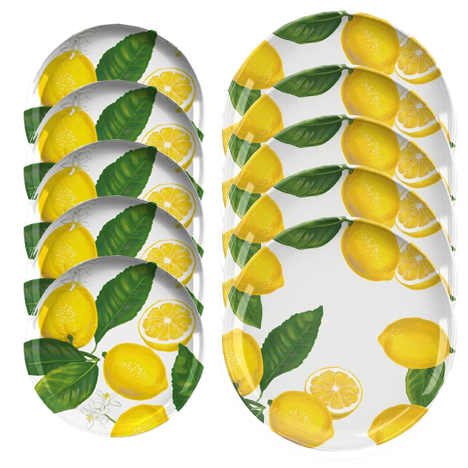image 1 of Lemon Fresh 10 Piece Melamine/Plastic Dinner & Side Plates - Set for 5 | Yellow | Set for 5