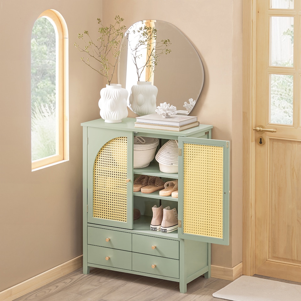 image 1 of SoBuy Sideboard Storage Cabinet with 4 Drawers & 2 Rattan Doors, Green, 27.6x13.4x35.4 inches, 26.6 kg - FSB72-GR