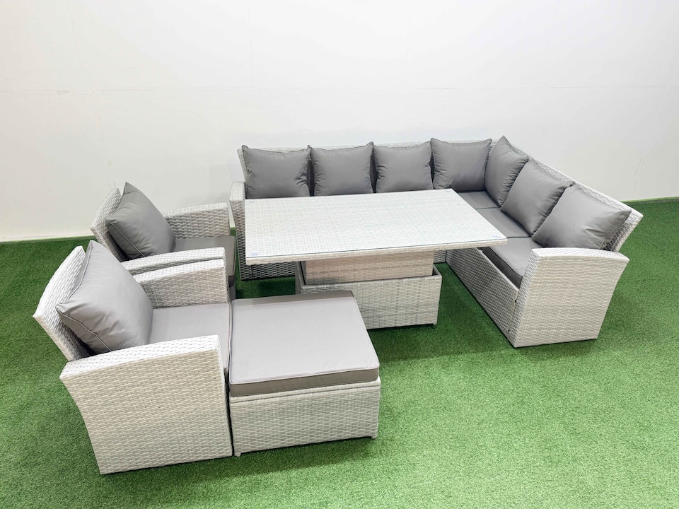 image 1 of Fimous 9 Seat Rattan Garden Furniture Corner Sofa Set Outdoor Adjustable Lifting Dining or Coffee Table Set with Big Footstool Light Grey