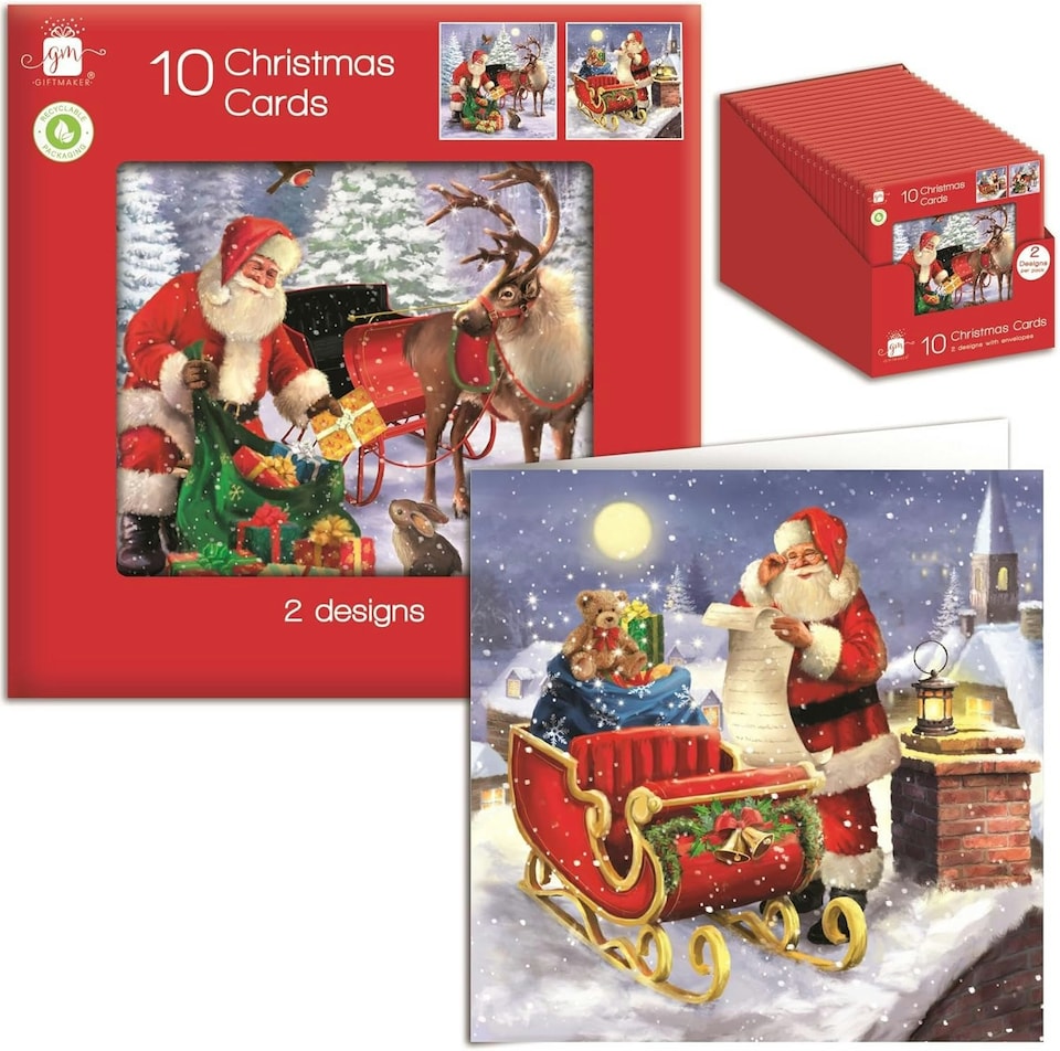 image 1 of Pack of 10 Square Traditional Santa with Sleigh Christmas Cards