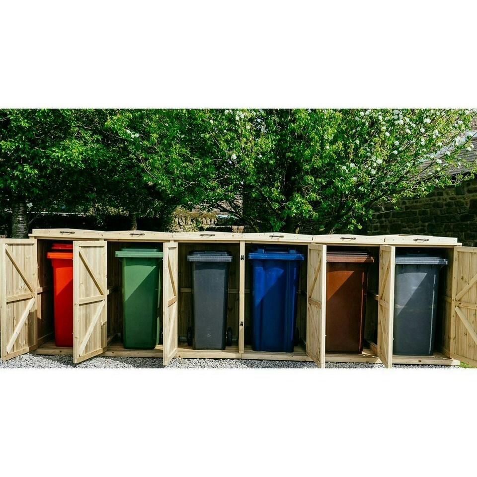 image 1 of Chatburn Sextet Wheelie Bin Store - Timber - L80.4 x W388.5 x H120 cm - Fits 3 x 180L or 3 x 240L & 3 x 140L Wheelie Bins Brown