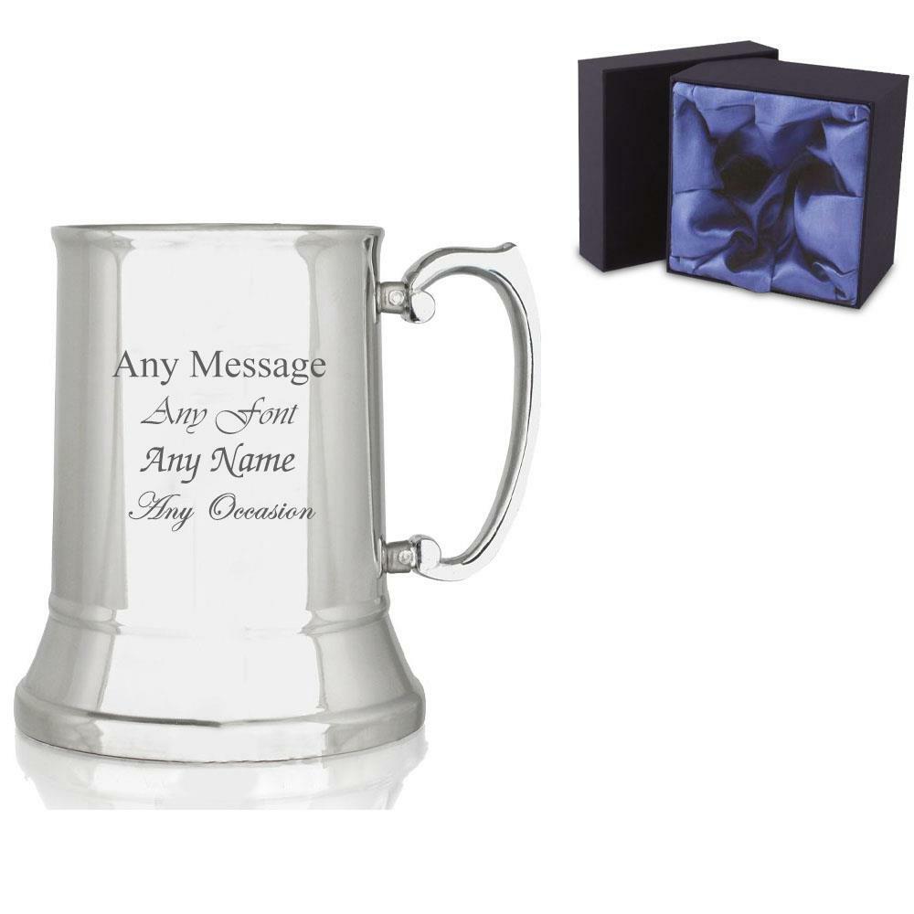 Uniqueful Personalised Stainless Steel Tankard Premium Satin Lined Box in Silver