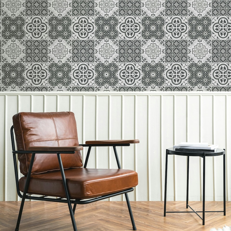image 1 of NuWallpaper NHS4773 Lisbon Tile Peel & Stick Wallpaper, Charcoal Multi