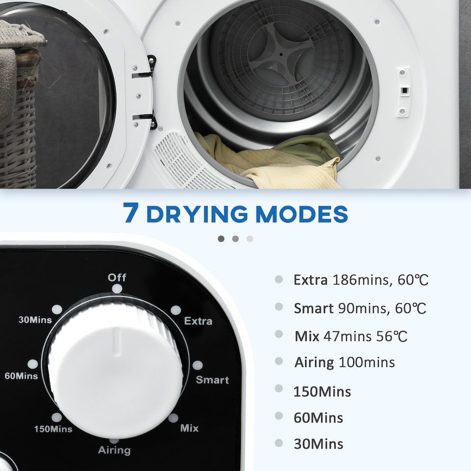 image 1 of HOMCOM 6kg Vented Tumble Dryer, Freestanding, Wall Mounted, Stackable, Portable Dryer with 7 Programmers, White