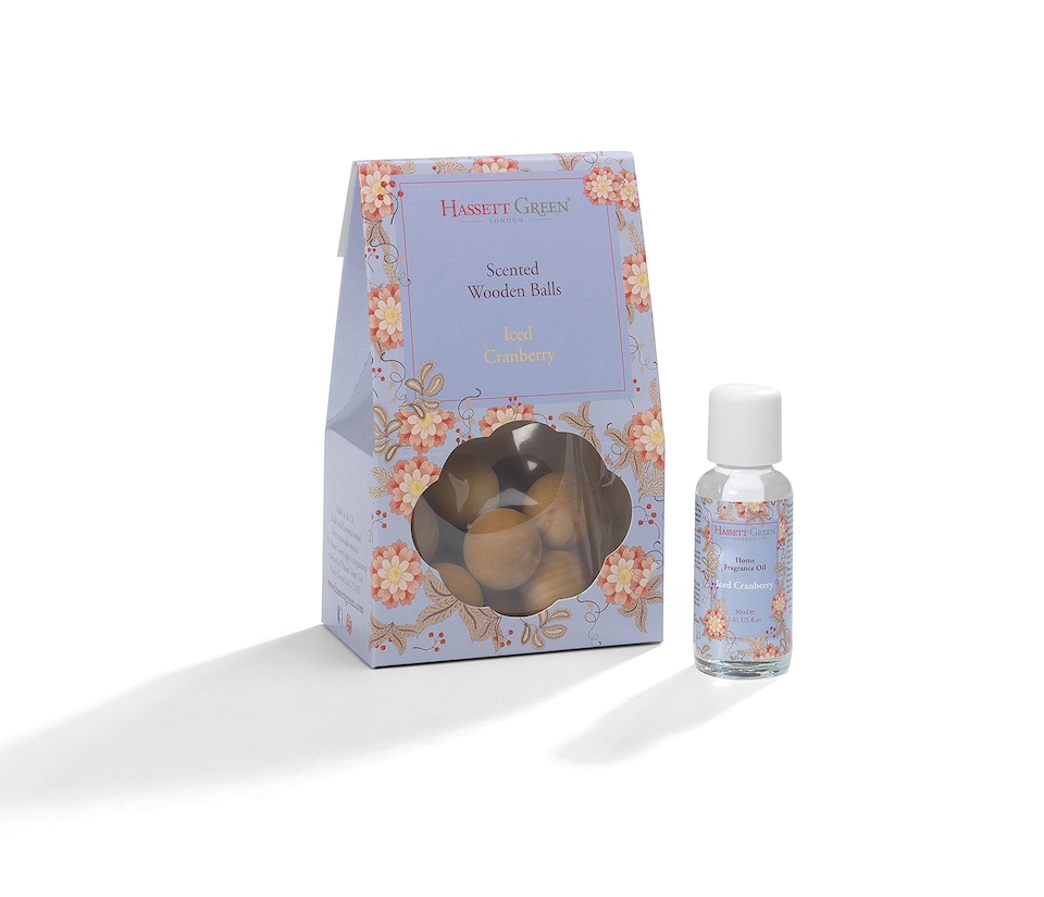image 1 of Hassett Green London - Iced Cranberry - Scented Wooden Balls Pack of 12 plus 30ml Bottle of Home Fragrance Oil for Refreshing - Alternative to Pot Pourri, Diffusers, Sachets and Drawer Liners
