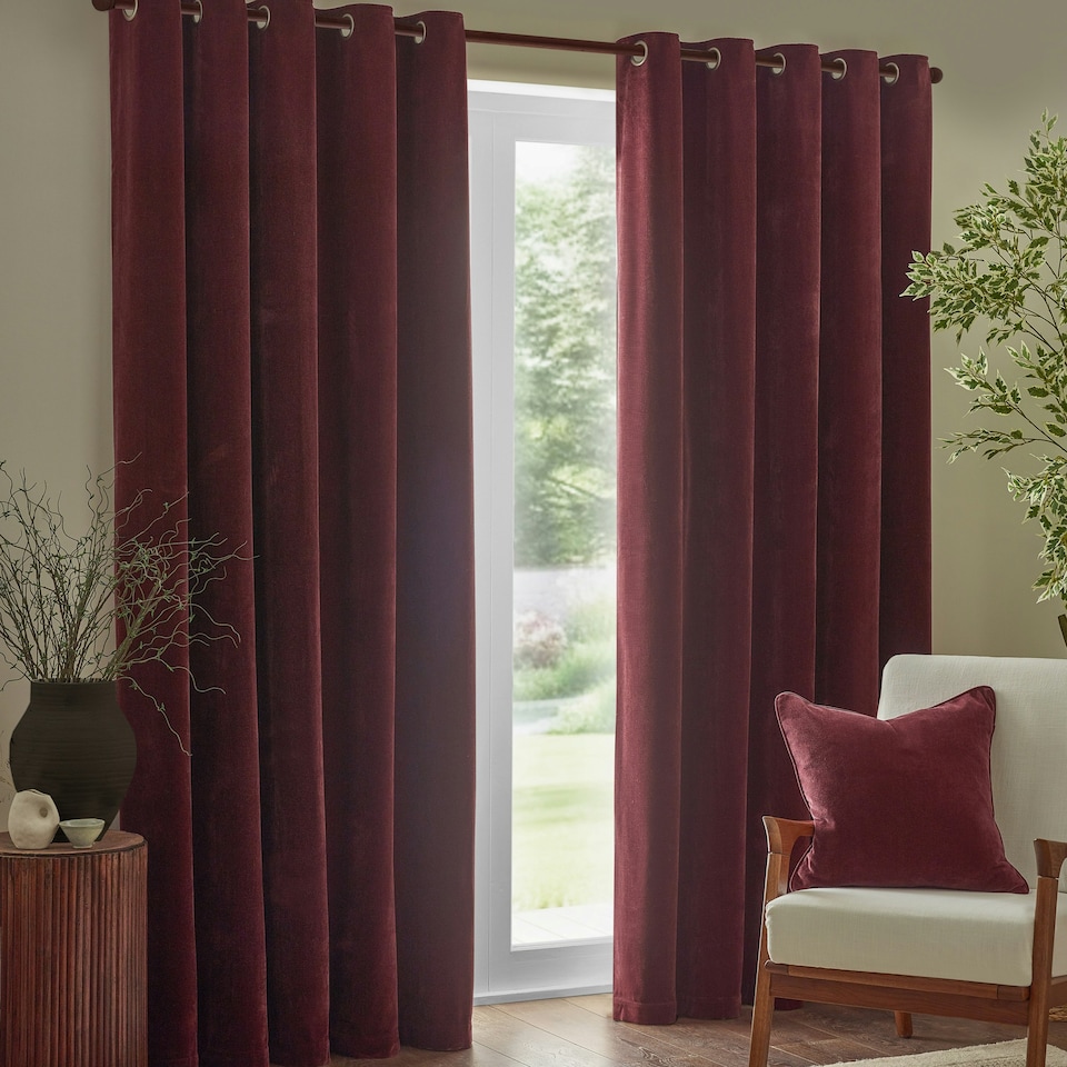 image 1 of Yard Heavy Chenille Velvet Room Darkening Eyelet Curtains | Red
