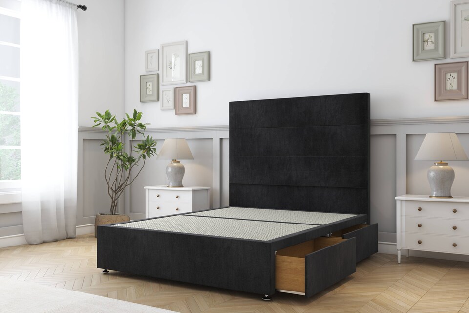 image 1 of Sloomy Texas Black Naples Divan Bed Base 2 Drawers Same Side With 26 Inch Strutted Headboard | Black | Black | King | 1
