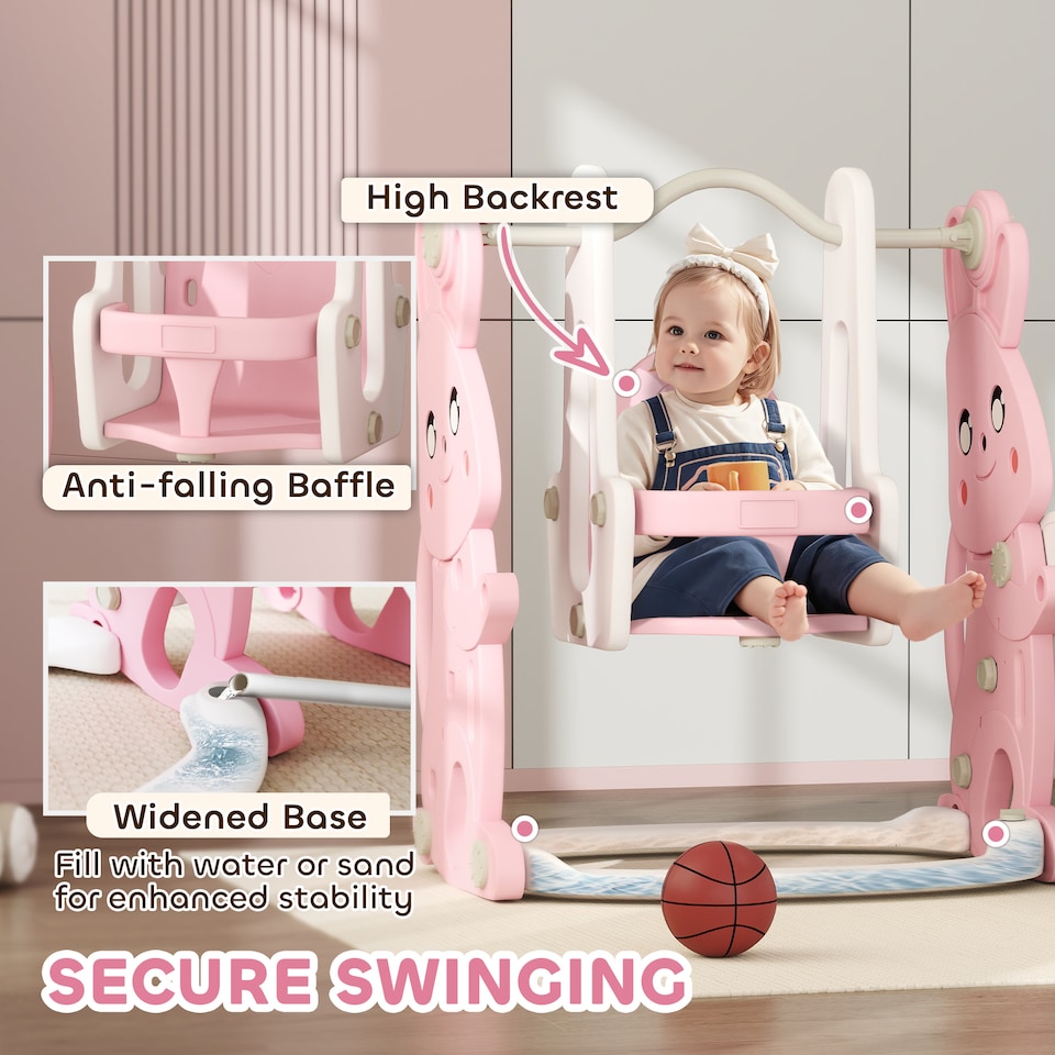image 1 of AIYAPLAY 4 in 1 Kids Slide and Swing Set with Climber, Basketball Hoop, Pink