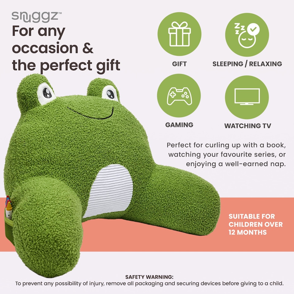 image 1 of Snuggz Frog Cuddle Cushion with Side Pocket with Carry Handle 3D Novelty Design Back Support Soft Cosy Bed Pillow - 59 x 36 x 34 cm