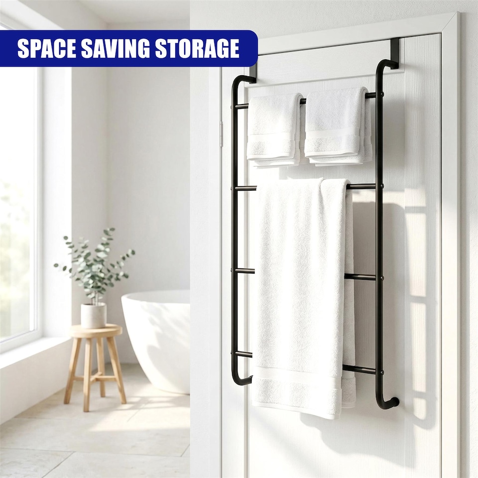 image 1 of GEEZY Over Door Towel Rail with 4 Bars Bathroom Organiser Rack Modern Steel Design