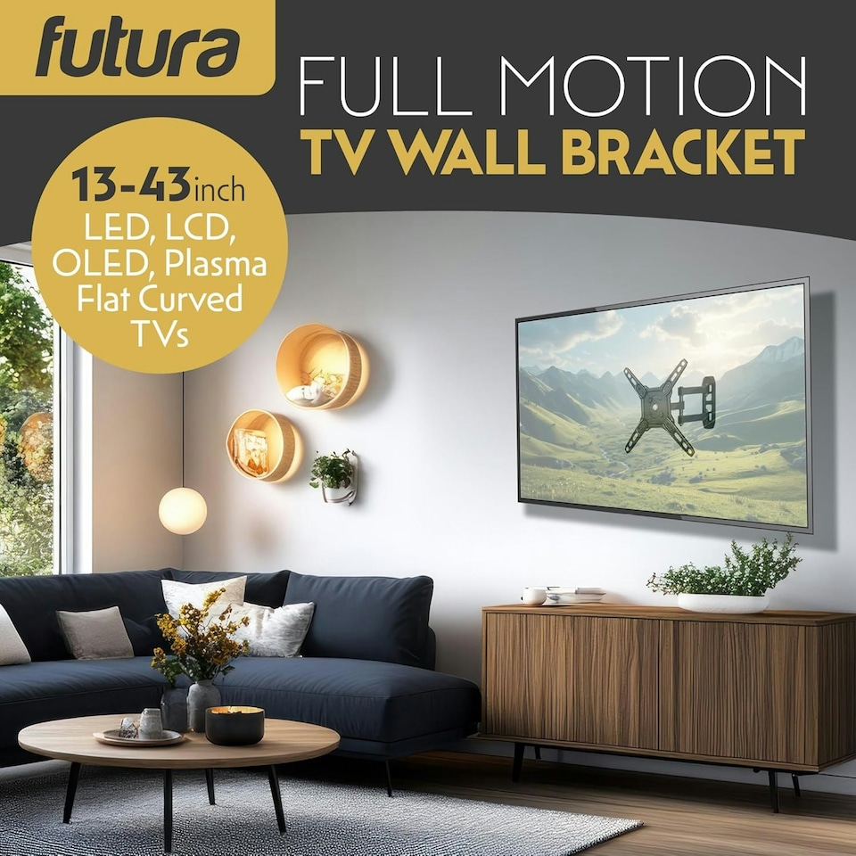 image 1 of Futura Universal TV Wall Mount Bracket for 13-43 Inch TVs, Tilt, Swivel & 90° Rotation