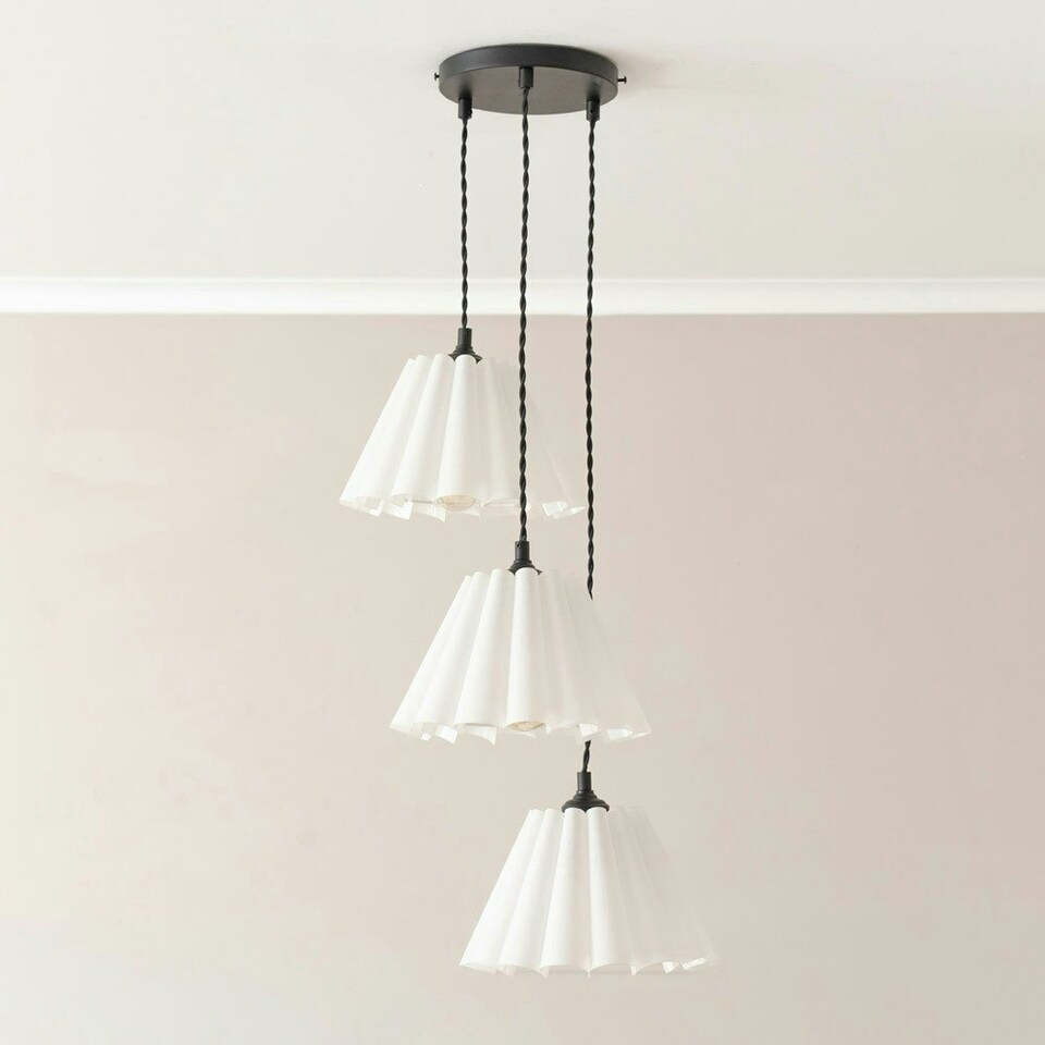 image 1 of ValueLights Lauren White Pleated 3 Drop Cluster Matte Black Ceiling Pendant Light with Bulbs Black