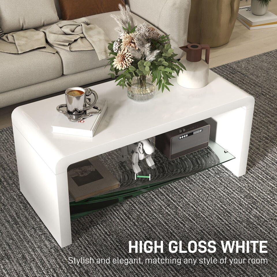 image 1 of HOMCOM High Gloss Coffee Table with Storage, Two-Tier Living Room Table with Glass Shelf, Modern Centre for Home Office, 100 x 45 x 45cm, High Gloss White | Multi