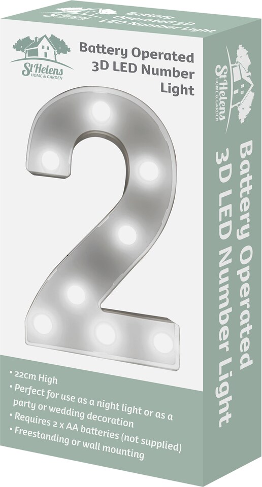 image 1 of St Helens Battery Operated 3D LED Number 2 Light