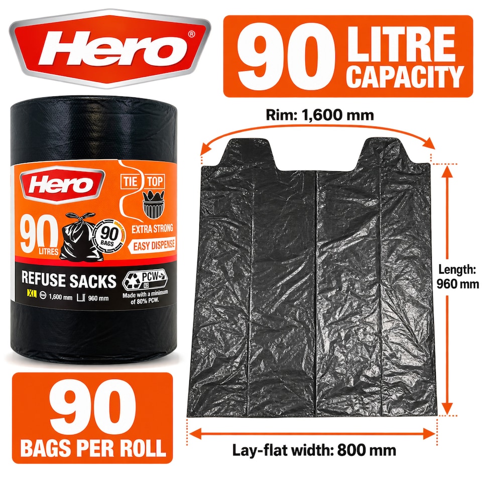 image 1 of Hero Extra Strong Black Bin Bags 90 Litre Pack of 90 Heavy Duty Refuse Sacks with Tie Top Handles  Brand