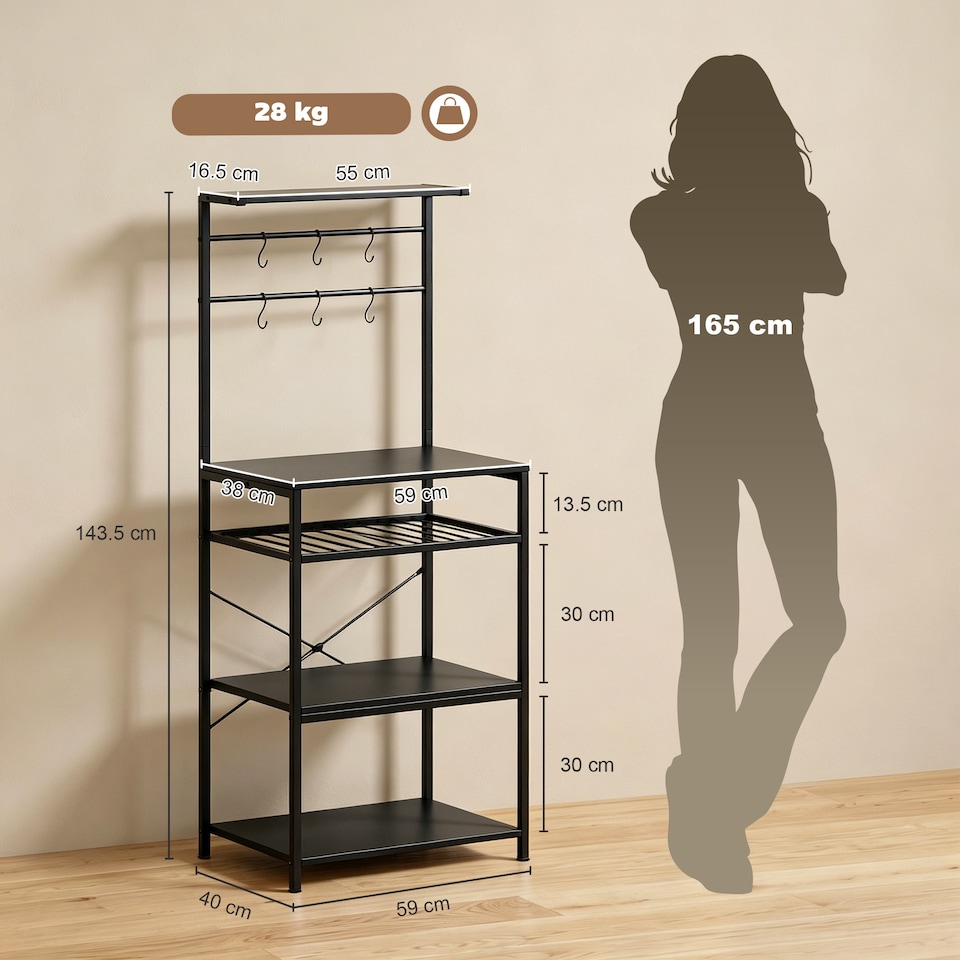 image 1 of HOMCOM Freestanding Shelving Unit with 6 Hooks and Wine Rack