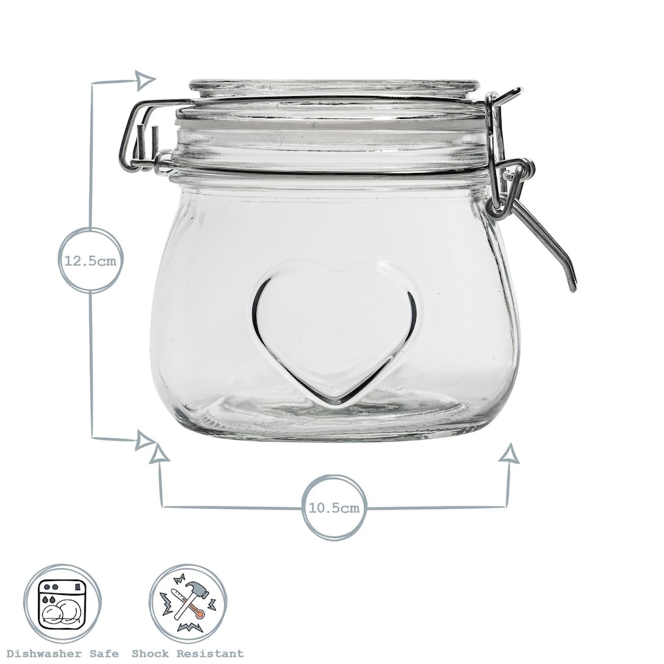 image 1 of Nicola Spring Glass Storage Jar - 500ml Airtight Clip Lid Kitchen Vintage Round Preserving Container Heart Shaped Design