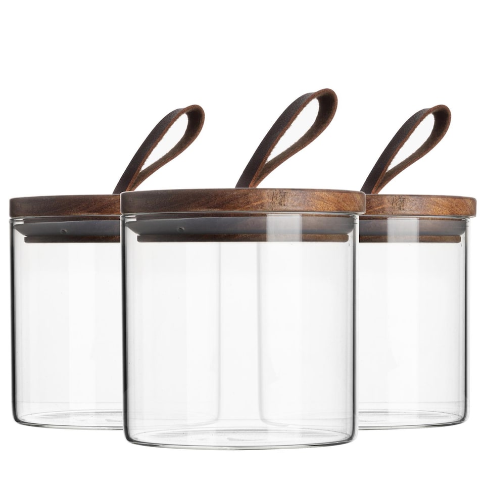 image 1 of Argon Tableware Glass Storage Jars - Leather Loop Lid - 550ml - Modern Round Scandi Organisation Container Glass Jar - Set of 3