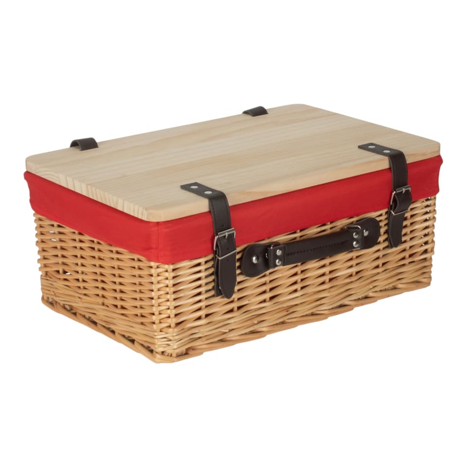 image 1 of 41cm Buff Red Lined Willow Empty Picnic Basket with Pinewood Lid | Brown | Red | M | 1