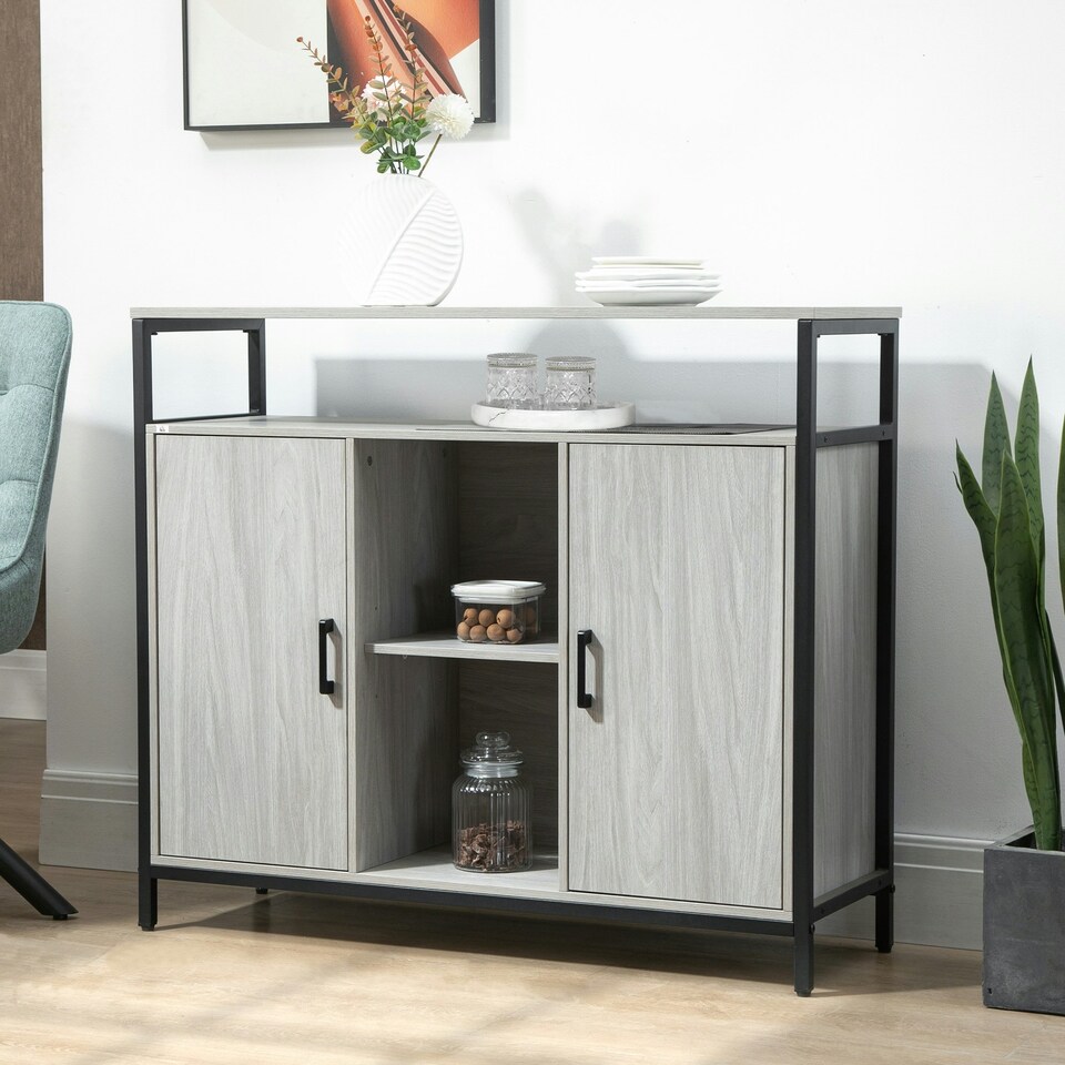 image 1 of HOMCOM Modern Sideboard Storage Cabinet with Adjustable Shelves Light Grey Grey | Black
