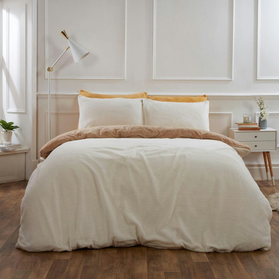 image 1 of OHS Reversible Soft Teddy Fleece Duvet Cover and Pillowcase Bedding Set, Double - Cream/Latte