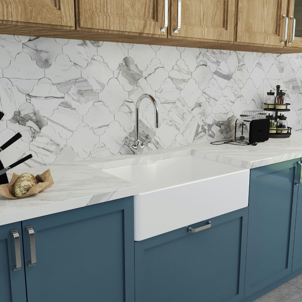image 1 of 795mm - Fireclay 1 Bowl Butler Kitchen Sink - Mono Mixer Tap, Tap Ledge & Waste