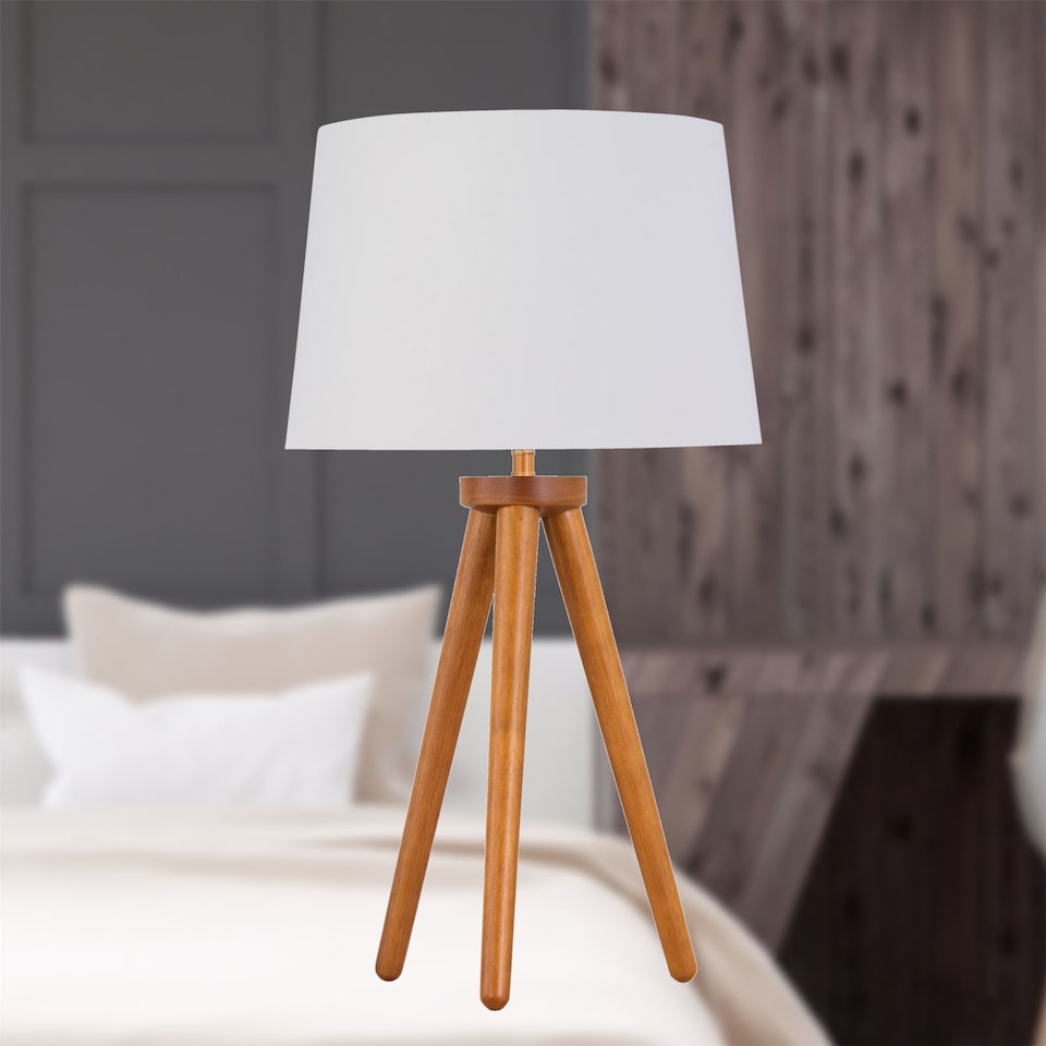 image 1 of Set of 2 Dark Oak Table Lamp or Bedside Lights with White Gold Shades | Brown | White | Large | 2