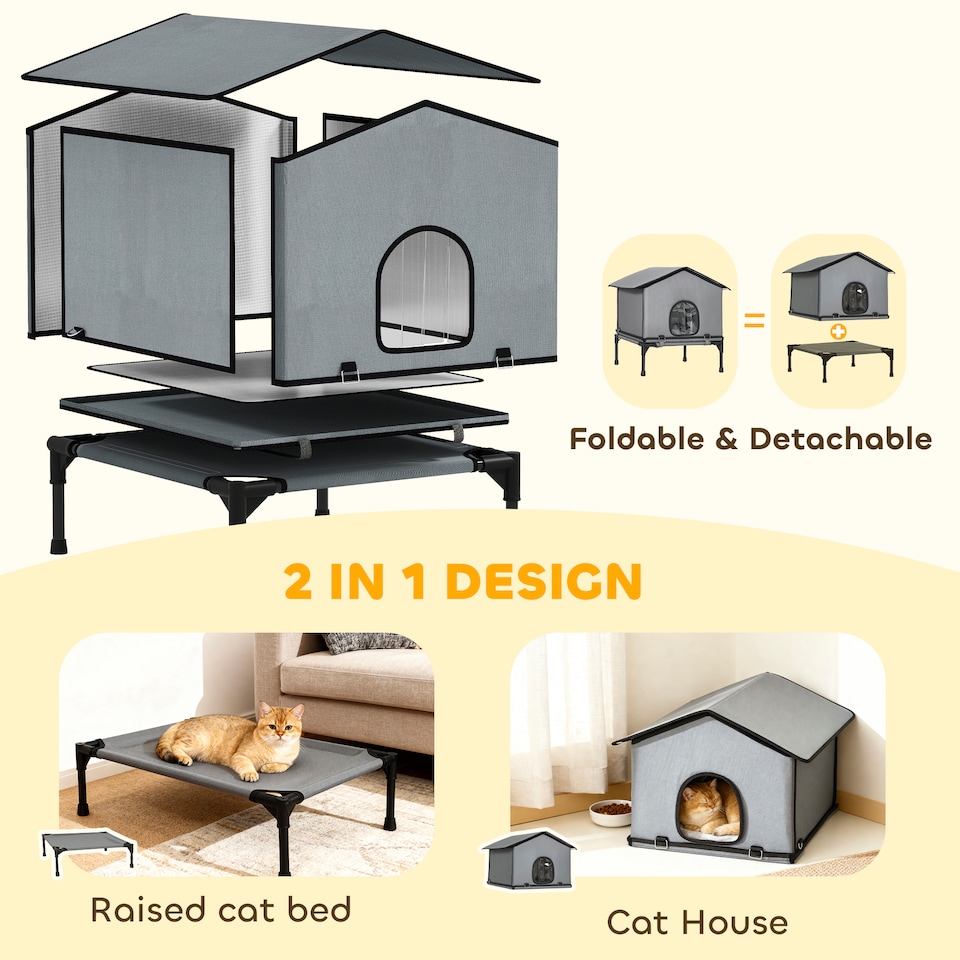image 1 of PawHut Outdoor Cat House, Waterproof Insulated Cat Kennel with Elevated Base, Cushion, Foldable Feral Kitty Shelter for Indoor Outdoor Kittens, Grey