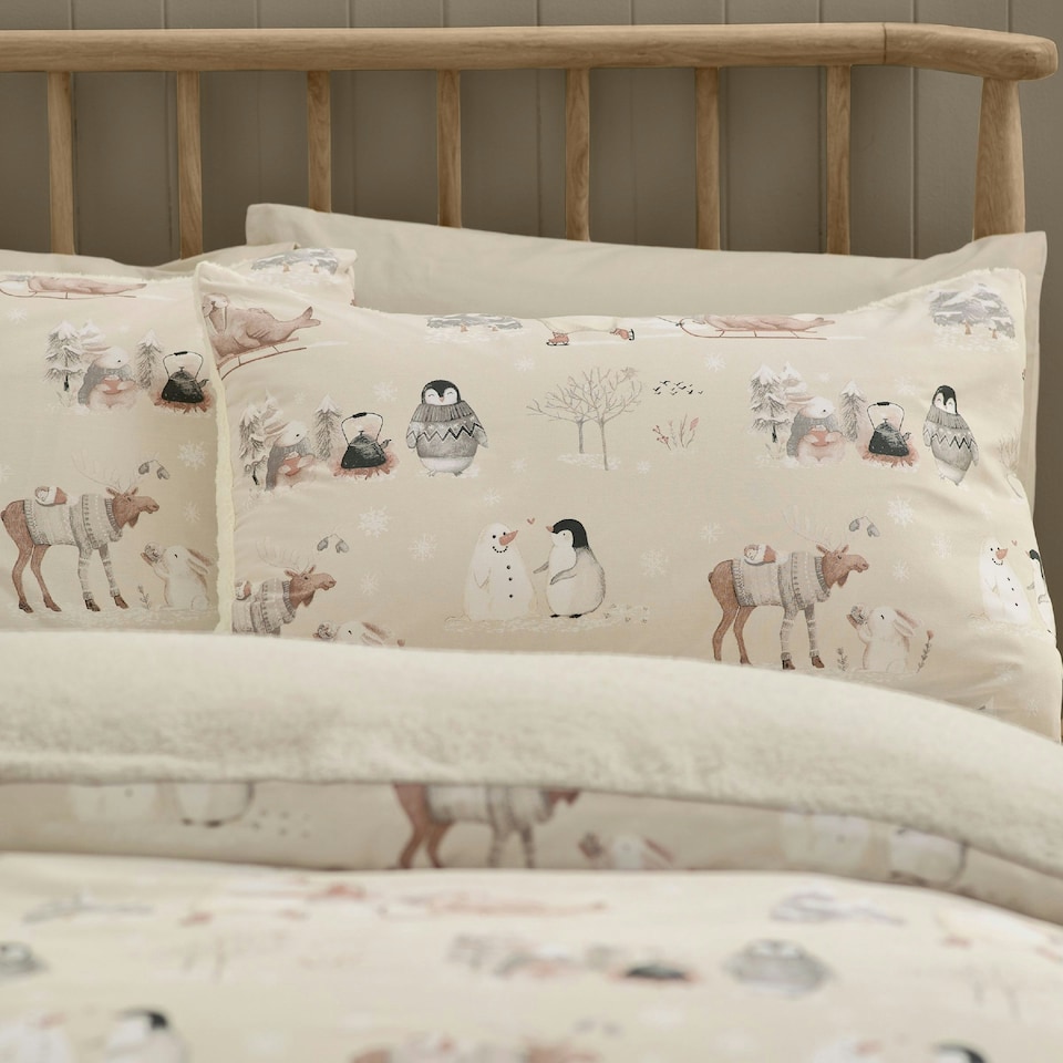 image 1 of Catherine Lansfield Winter Friends Sherpa Duvet Cover Set Natural Cream | Natural | Double