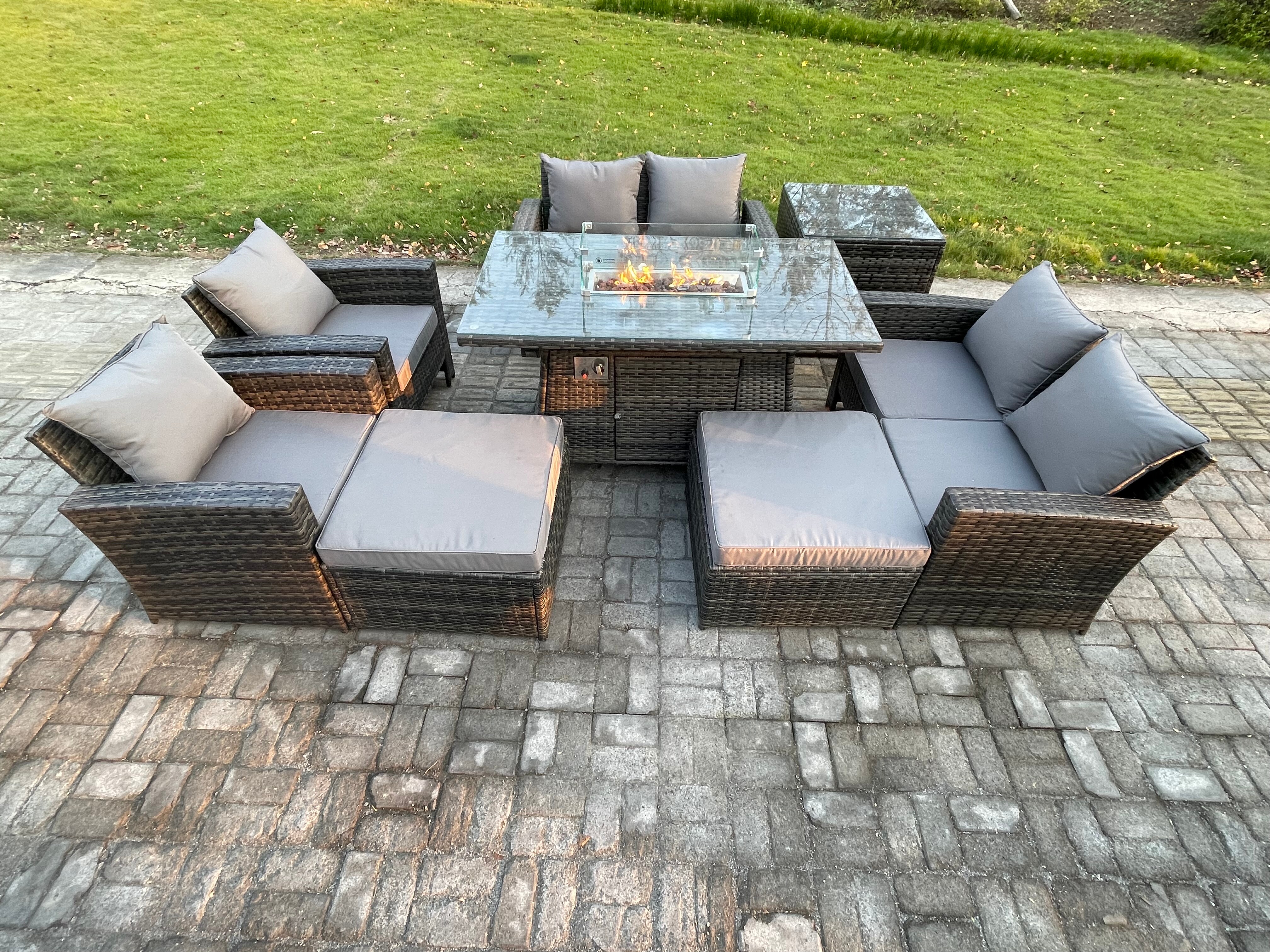 Fimous Outdoor Garden Furniture Sets 8 Pieces Wicker Rattan Furniture Gas Firepit Dining Table Sofa Set with 2 Big Footstool Side Table Dark Grey Mixe