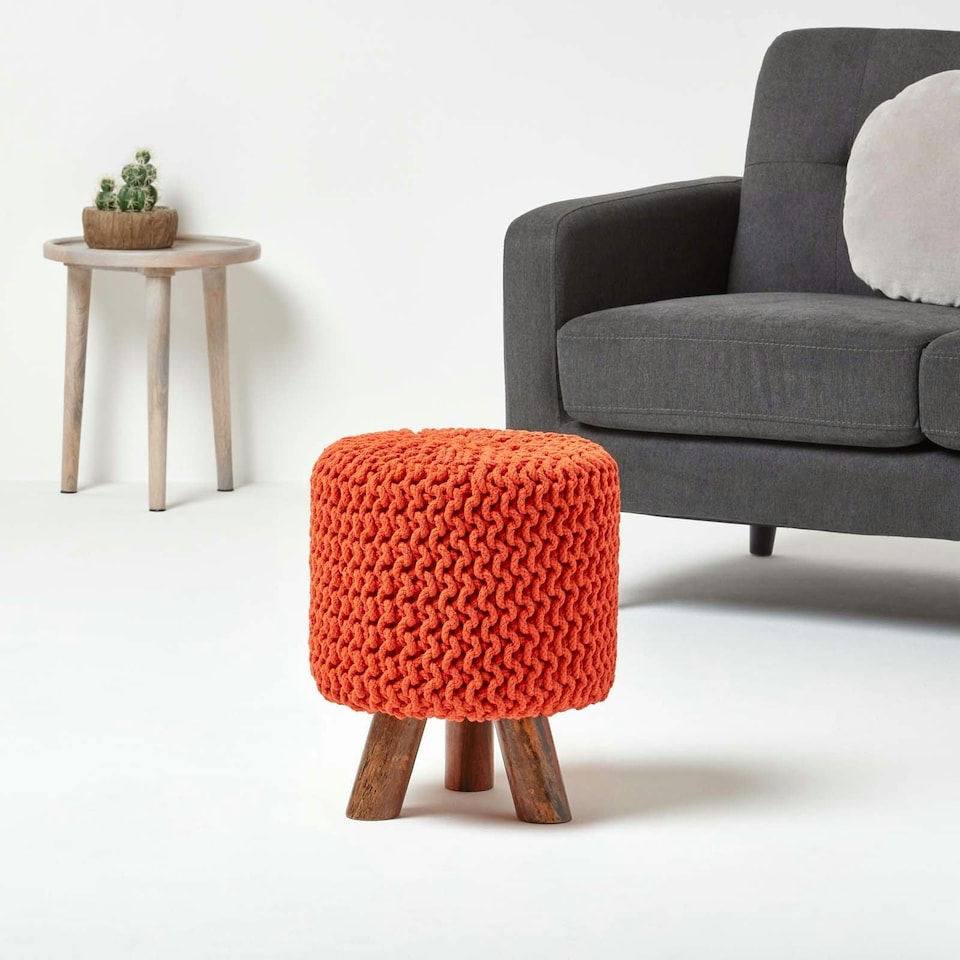image 1 of Homescapes Burnt Orange Tall Cotton Knitted Footstool on Legs