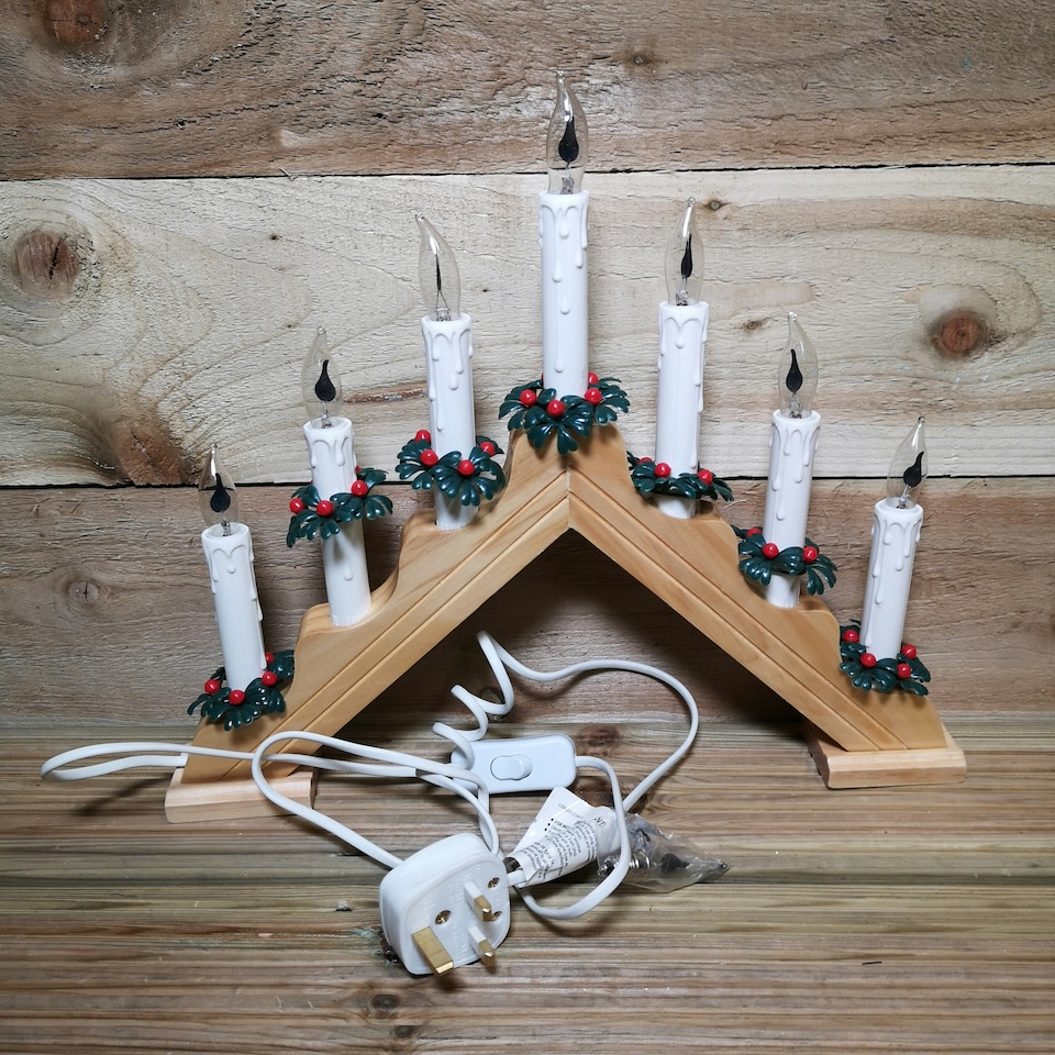 image 1 of 40cm Premier Christmas Candlebridge with 7 Flickering Bulb in Light Wood Finish Mains Operated