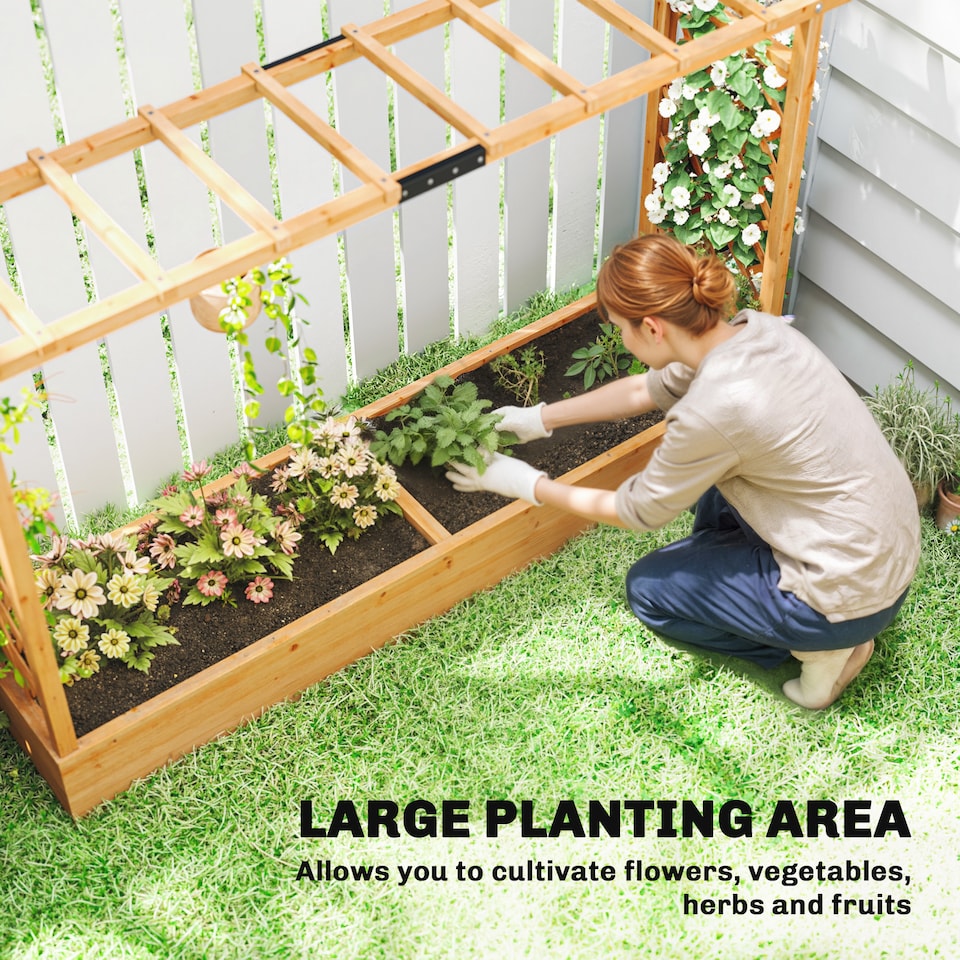 image 1 of Outsunny Raised Bed for Garden with Trellis, 200 x 44 x 113.5 cm, Natural | Brown