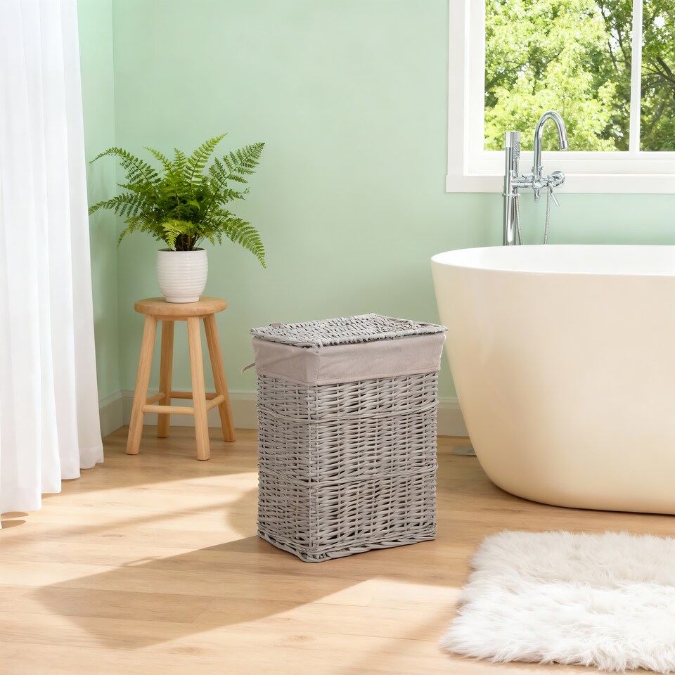 image 1 of Wickerfield Grey Wicker Laundry Basket with Lid and Removable Cotton Liner