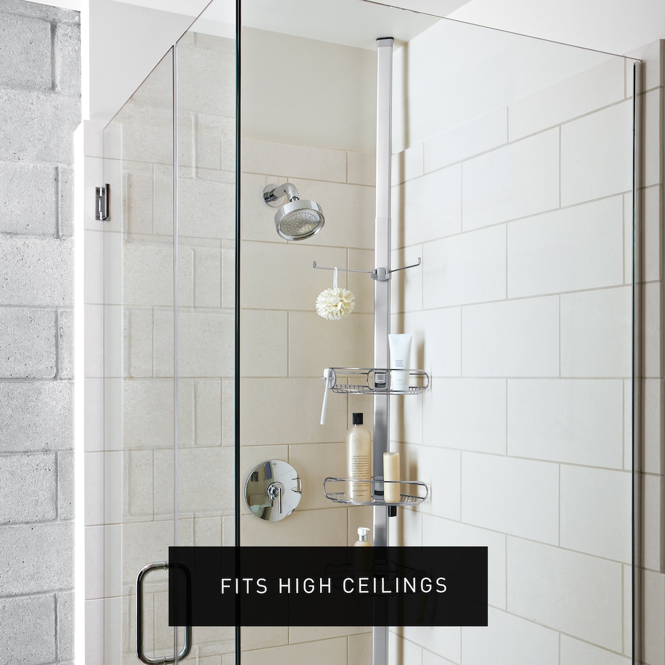 image 1 of Simplehuman Medium Tension Shower Caddy with Adjustable Shleves, Extends 1.5 to 2.4m | Silver | Matt Stainless Steel + Anodised Aluminium | Medium | 1