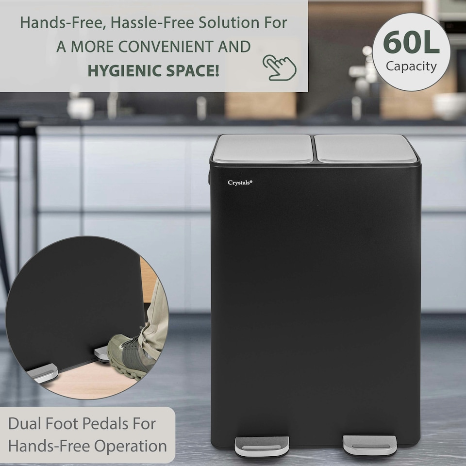 image 1 of Kitchen Rubbish Recycling Pedal Bin 60L Dual 2 Waste Compartment Black Black